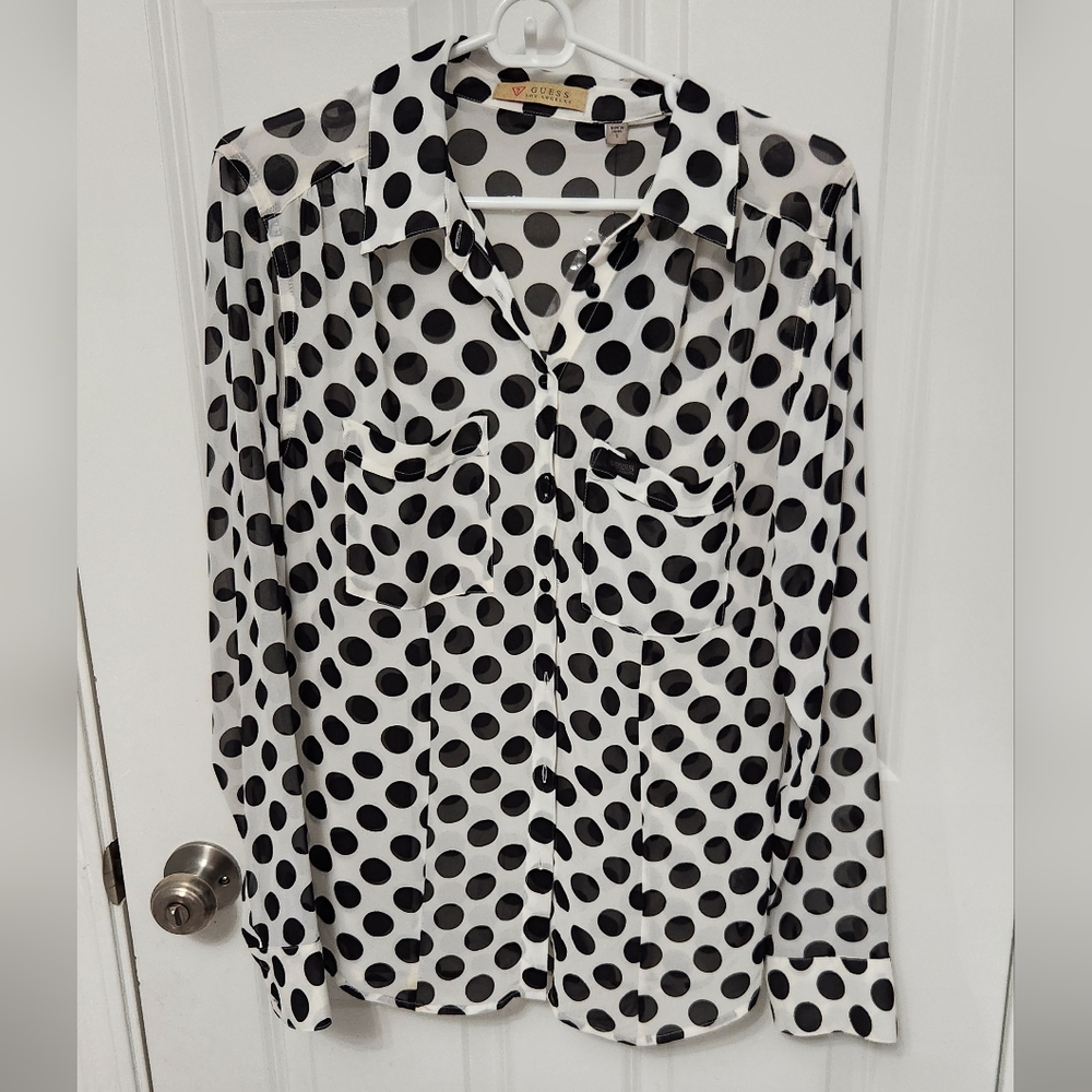 Guess Top Size S Black White Polka Dots Button Up Long Sleeve Chiffon Career
